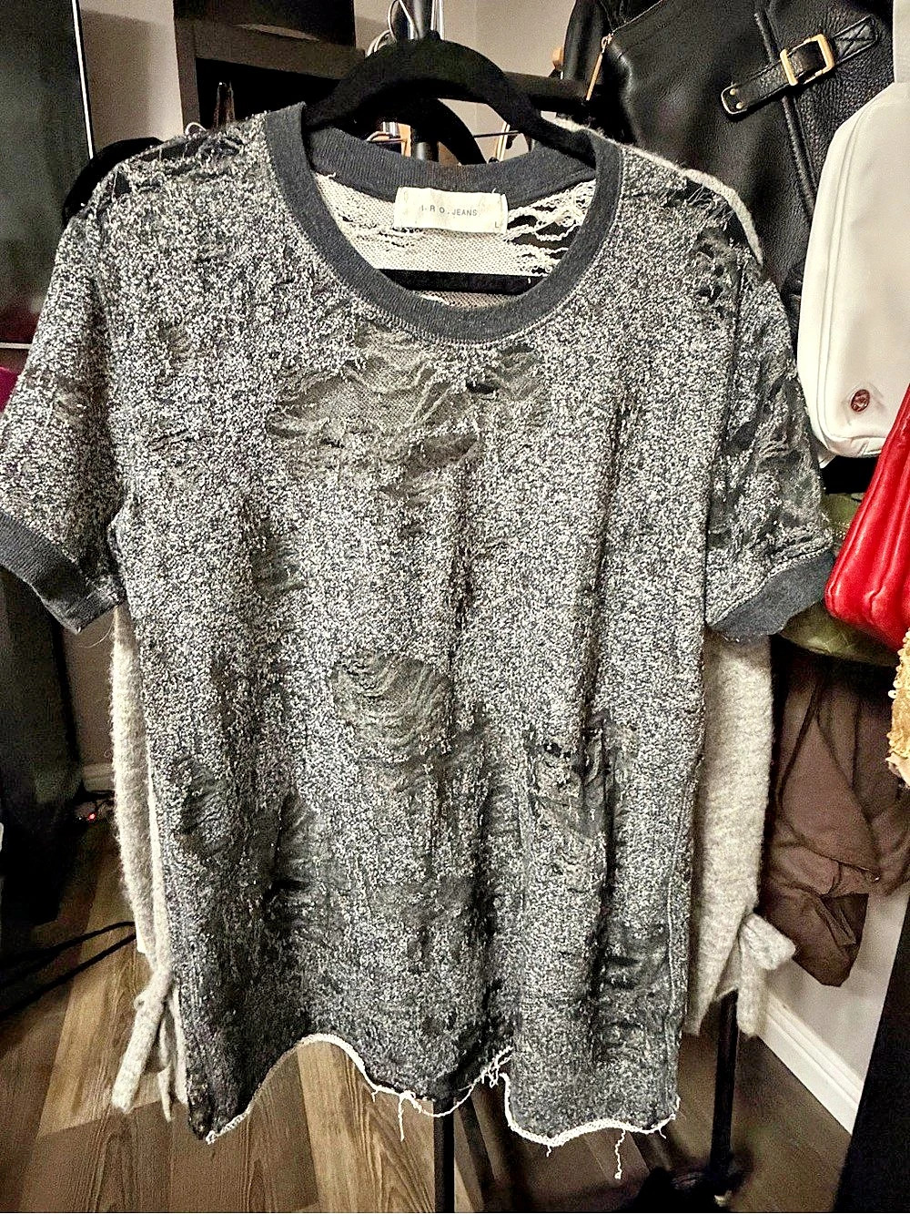 IRO Nasta Distressed Short Sleeve Tee in Charcoal Gray Size Large